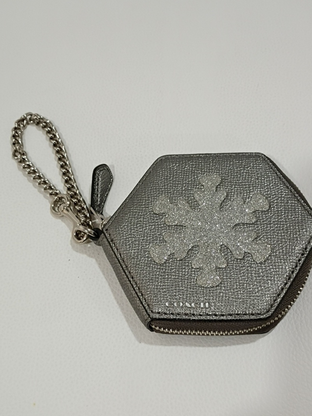 Coach Silver Hexagon Coin Pouch with Snowflake Charm